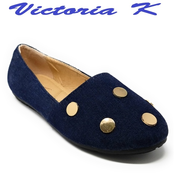 Victoria K Shoes Women Denim Studded Ballet Flats B2298 Dark Blue